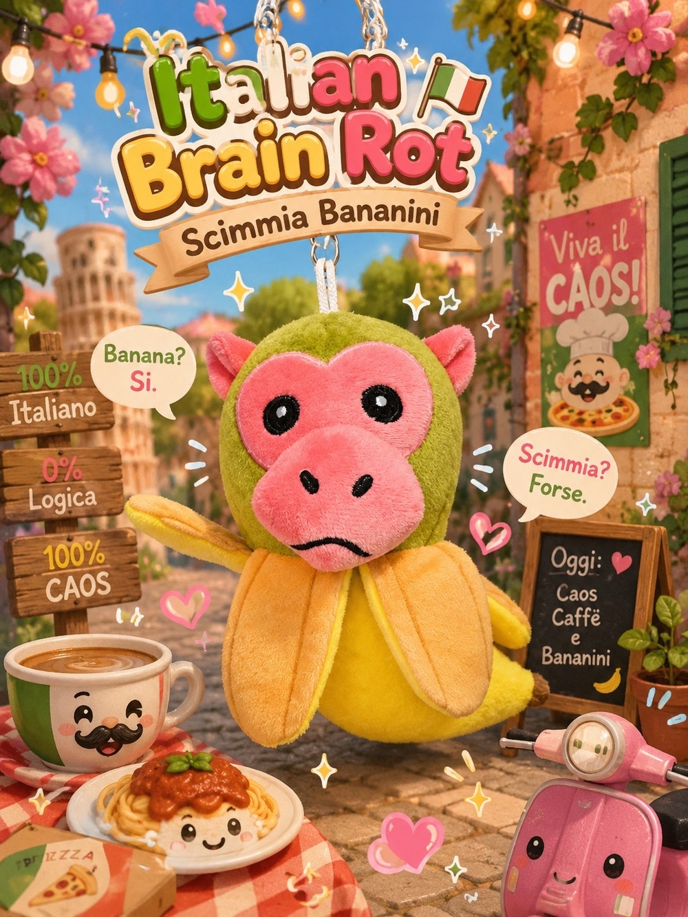 Banana Monkey Plush Keychain - Pink & Green